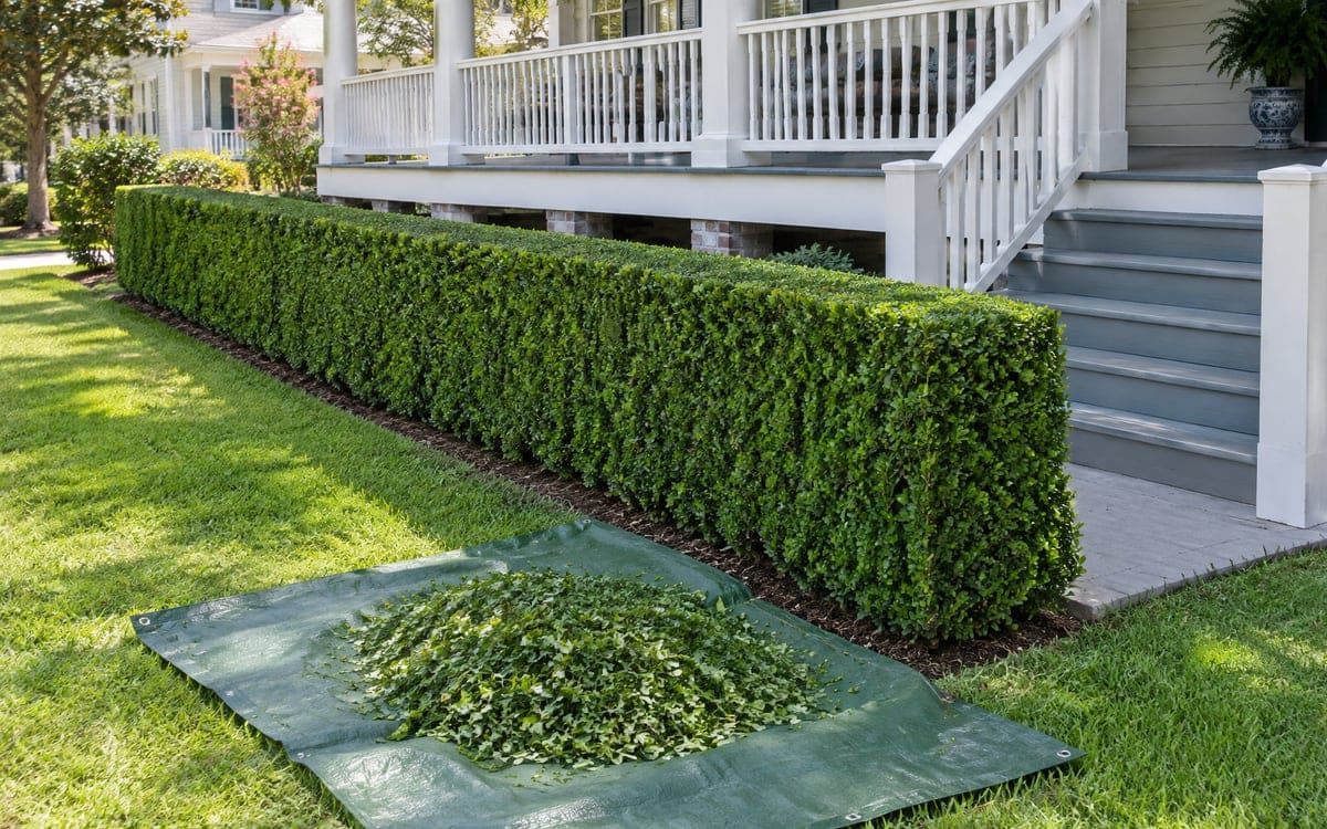 A row of boxwoods trimmed into a long low hedge in front of a raised white porch, with a mound of fresh clippings piled on a green tarp on the lawn.