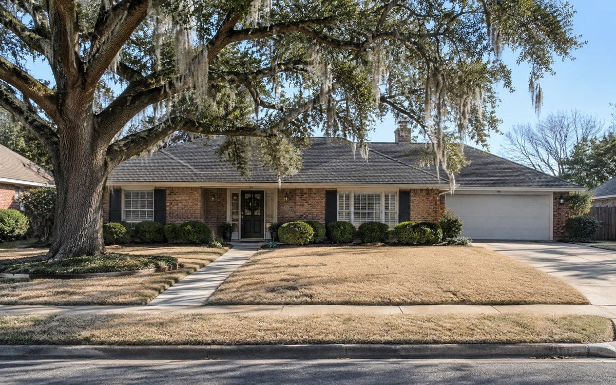A brick ranch with a tan dormant front lawn under a wide live oak draped with Spanish moss on a bright winter day, bare branches overhead and a sidewalk at the curb.