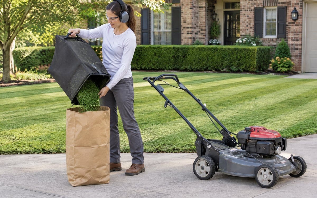 A woman in ear defenders tips a mower's bagger of fresh grass clippings into a brown paper yard-waste bag on the driveway, the push mower parked on the driveway behind her.
