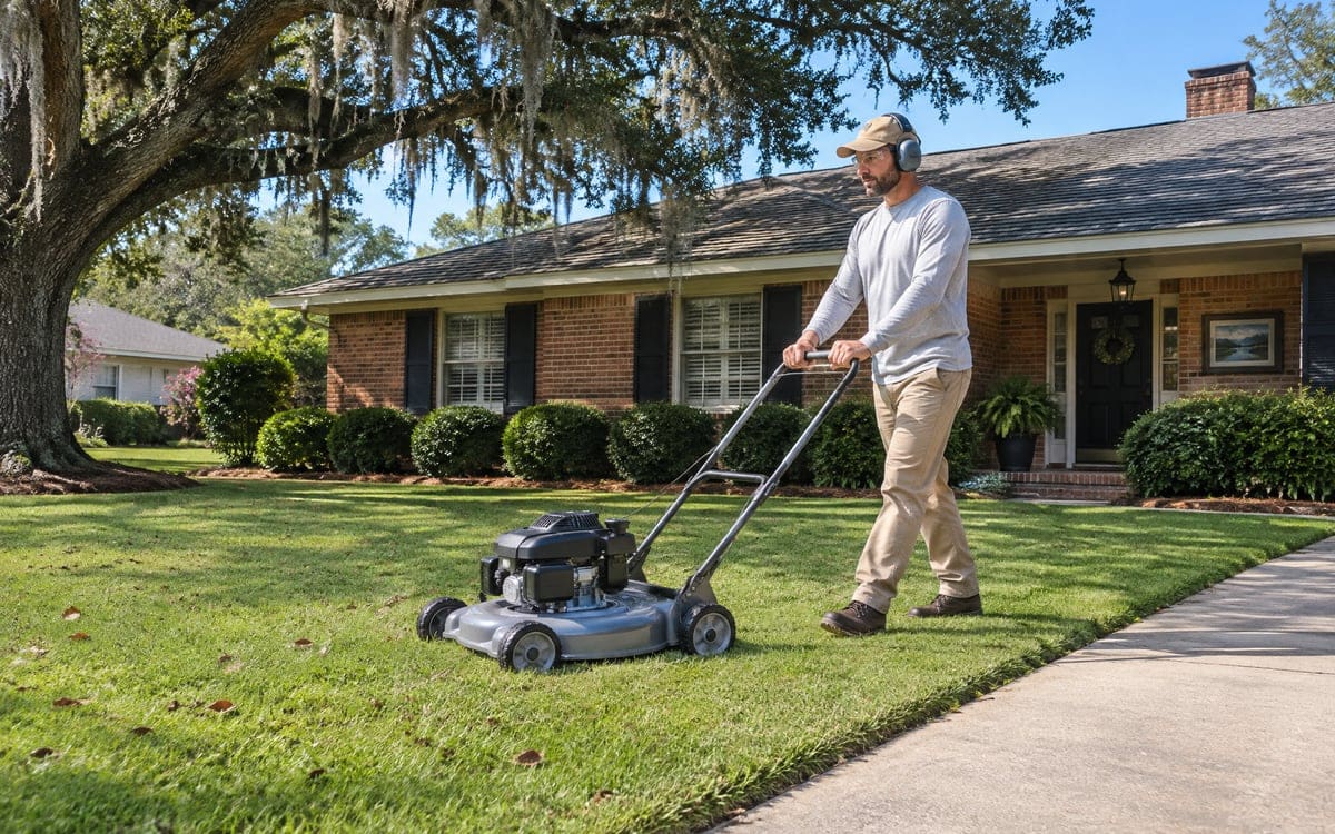 Fall lawn mowing: a man in ear defenders pushes a mower across a Baton Rouge yard shaded by a live oak.