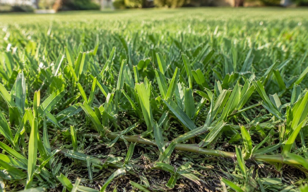 A close ground-level look at St. Augustine grass right after a cut, every thick green blade sheared clean on top with the rest of the lawn stretching out behind.