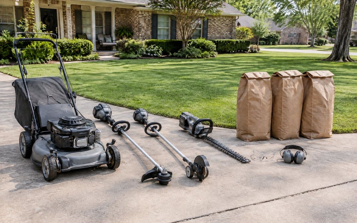 A gray push mower, two string trimmers, an edger, a hedge trimmer, three paper yard-waste bags and a set of safety glasses and ear defenders laid out in a line on a brick house's driveway.