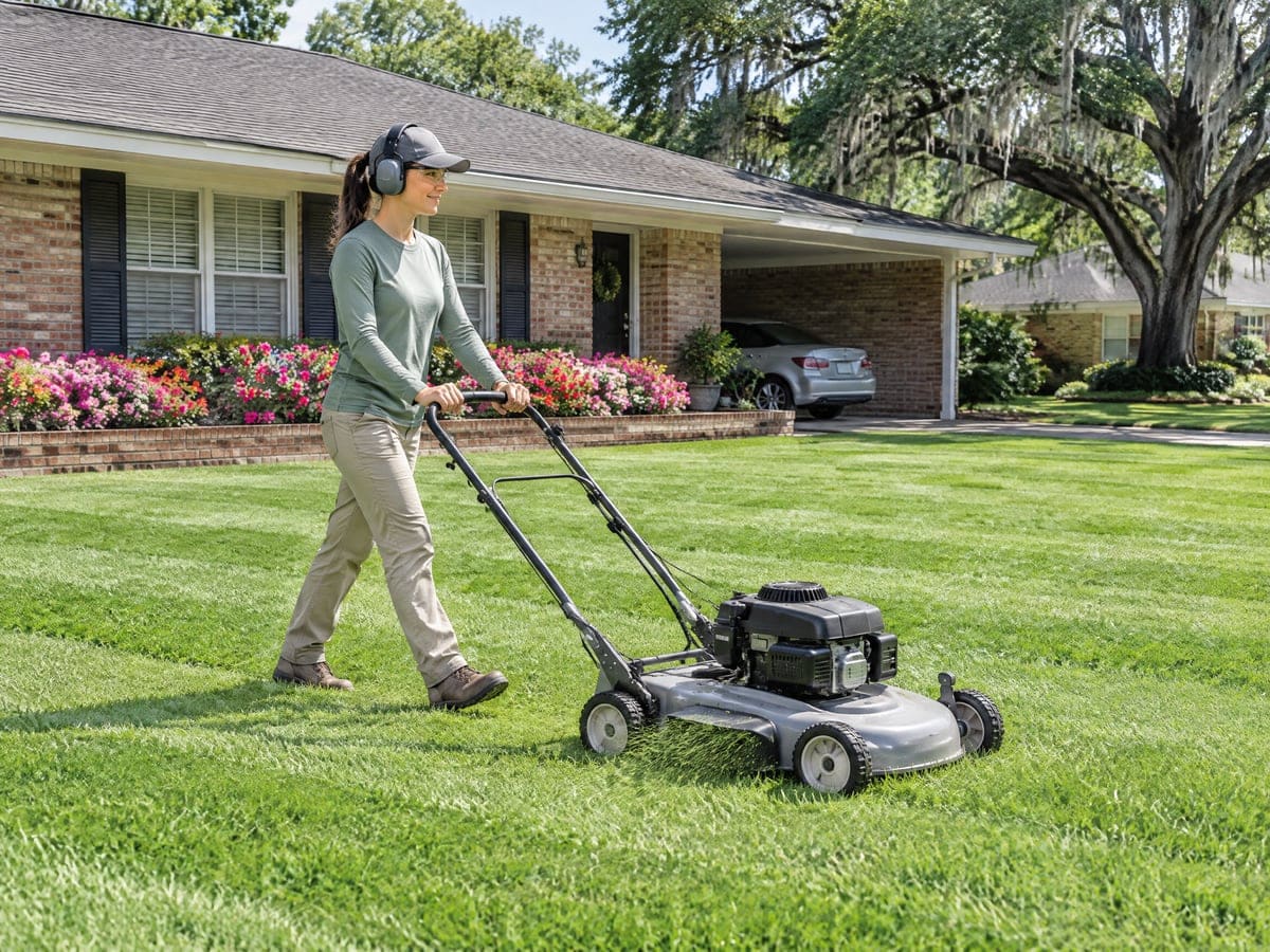 A woman in safety glasses and ear defenders pushes a gray mower across a thick green St. Augustine lawn on a grass cutting pass, a brick ranch and banks of pink and red flowering shrubs behind her.