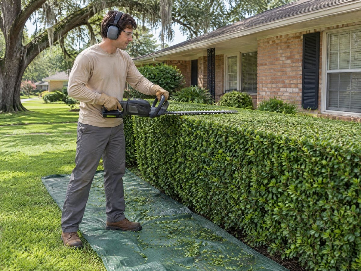 A worker in safety glasses and ear defenders runs a hedge trimmer along the top of a long boxwood hedge, with a green tarp on the ground to catch the clippings and a brick ranch behind.