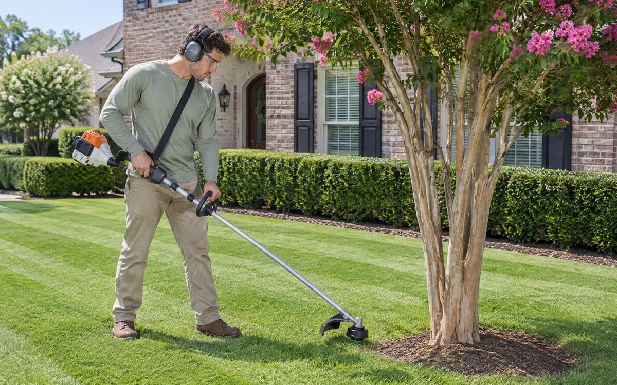 Hiring a lawn service: a worker trims grass around a pink crape myrtle on a striped Baton Rouge lawn.