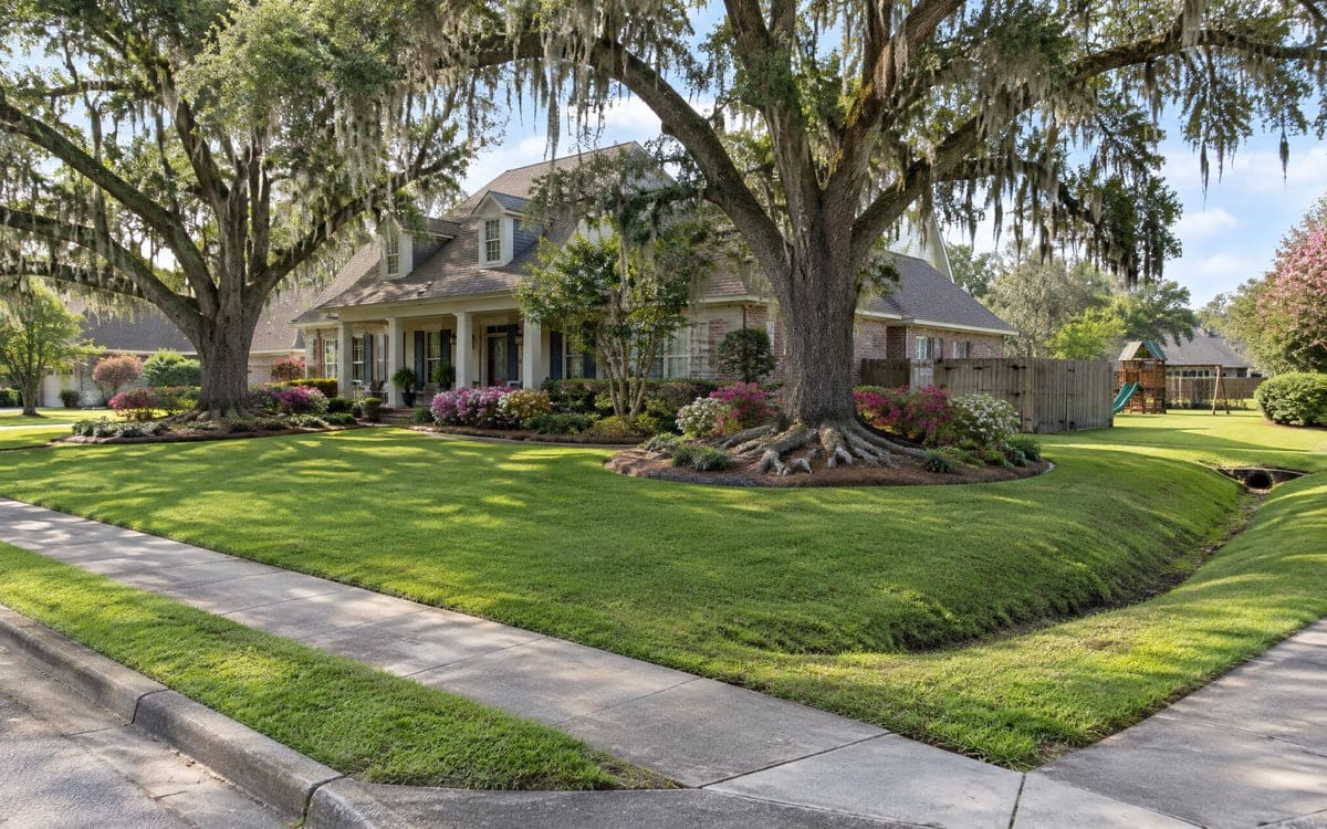 A large one-and-a-half-story house with two giant live oaks over a stepped front lawn, with azaleas in bloom at the porch and a wood play set in the side yard beyond a plank fence.