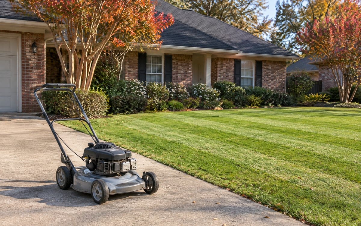 A silver push mower parked on a concrete driveway in front of a brick ranch, with trees in warm red autumn color above the roof and a mowed lawn at the right.