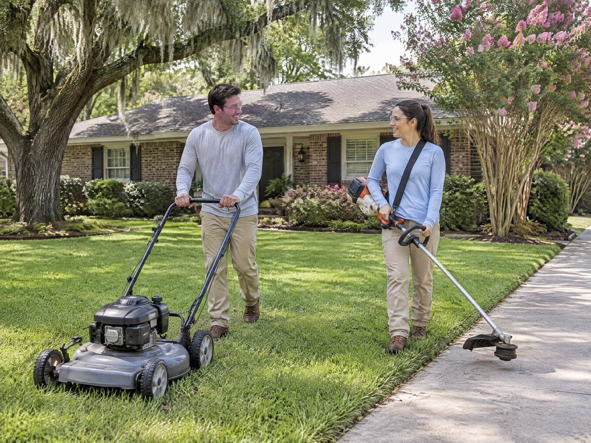 Two workers in long sleeves and ball caps drink water under a wide live oak draped with Spanish moss, with a red push mower on the grass behind them, a lawn care company's break between yards.