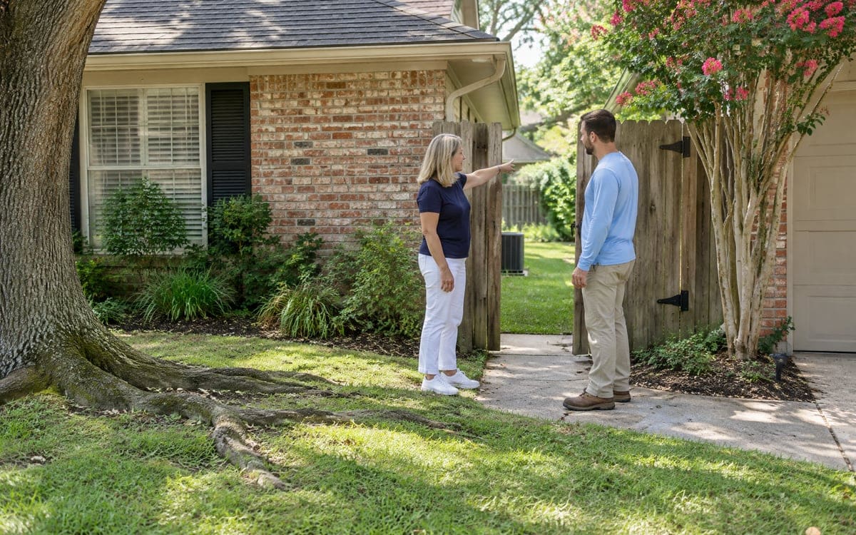 A homeowner at the side wood gate of her brick house gestures to the back yard for a worker beside her, the walk-around a lawn care cost gets built from.