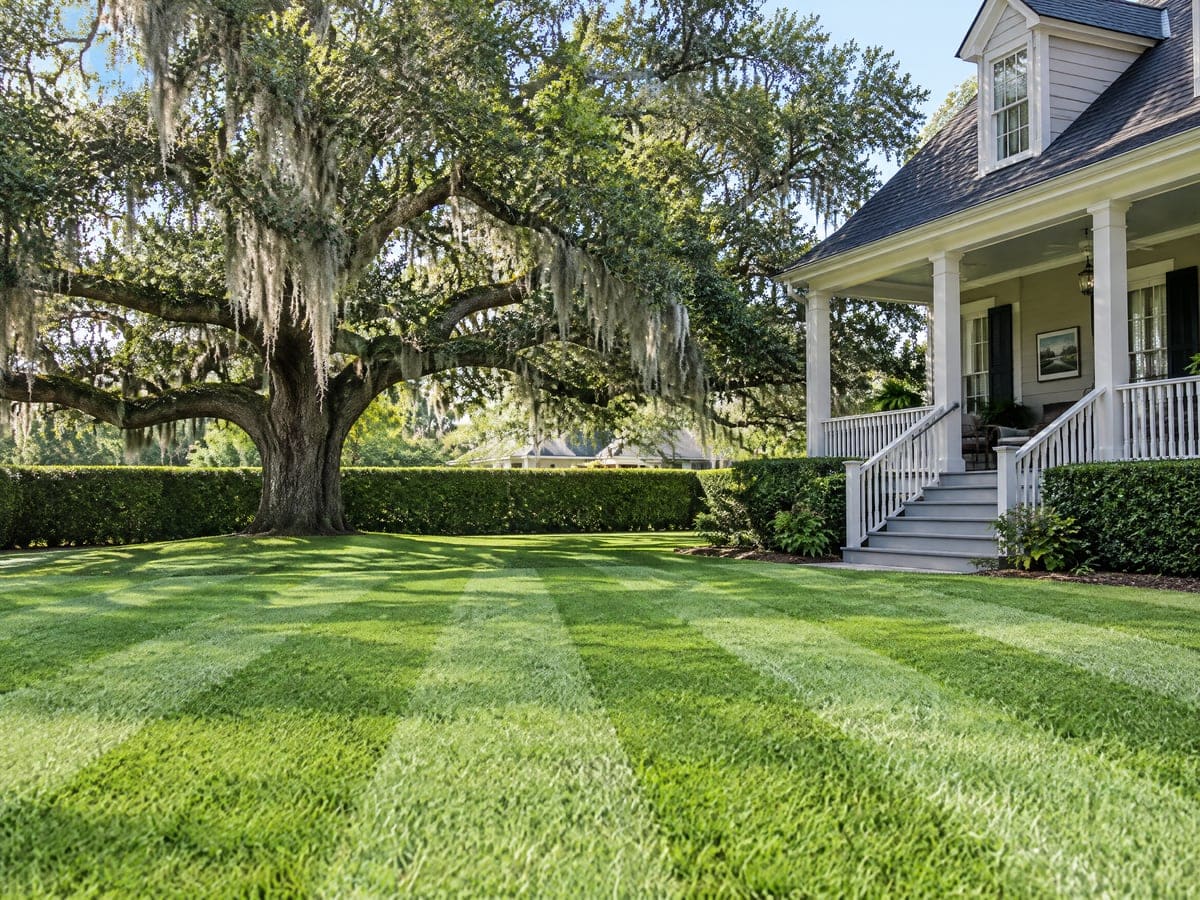 A sprawling live oak draped with Spanish moss shades the striped front lawn of a white raised cottage, one of the yards in these lawn care guides.