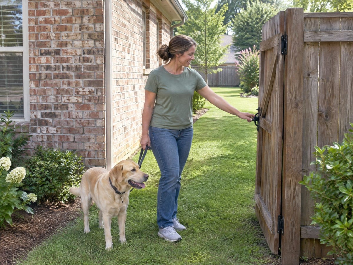 A homeowner opens the wood side gate of her brick house with her yellow Labrador on a leash beside her, the start of a call most lawn care questions come from.