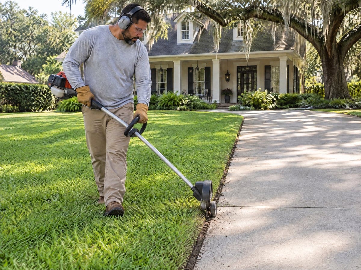 A worker in ear defenders runs a wheeled lawn edging tool along the concrete driveway edge of a white Acadian style house, cutting a clean line where the grass meets the slab.