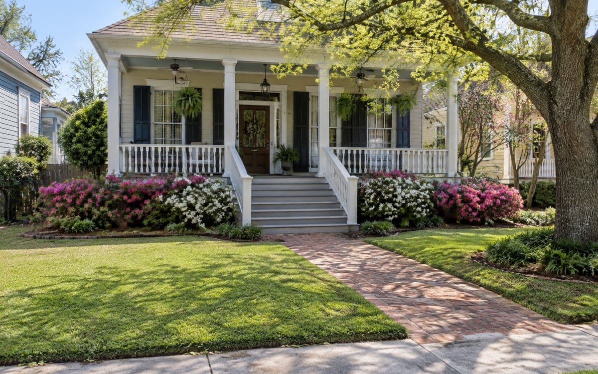 A white one-story cottage with a deep front porch, dark green shutters, pink and white azaleas and a brick walk, its small front lawn in the alternating stripes a steady lawn mowing schedule keeps.