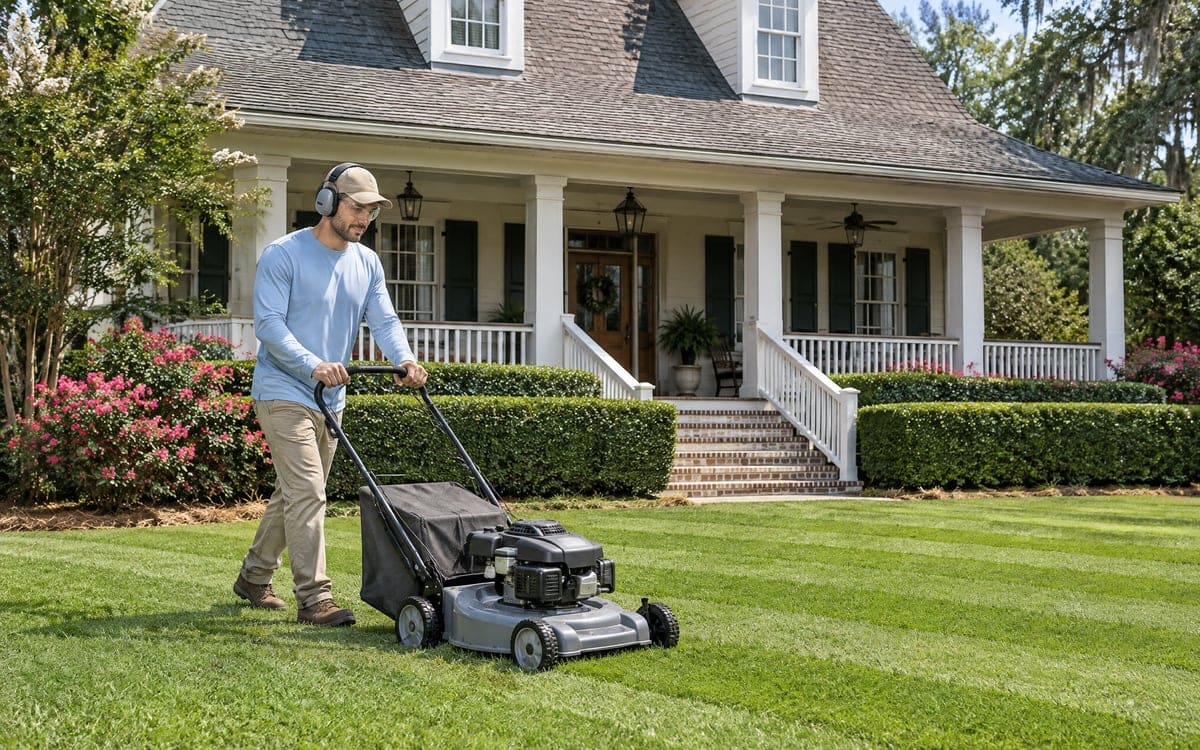 A worker in headphones pushes a gray push mower across a striped front lawn, with a white Acadian style porch and pink crape myrtles behind him.