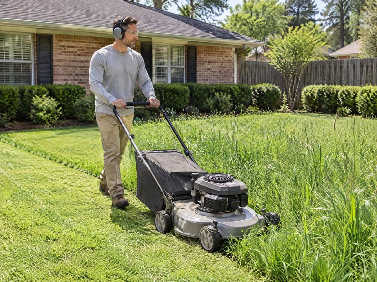A worker in headphones pushes a mower into waist-high green grass beside a brick ranch, cutting the first lanes on an overgrown grass cutting job with a mowed strip behind him.