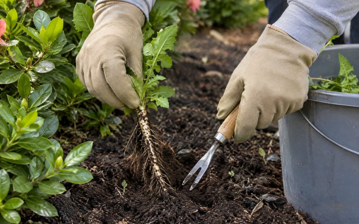 Gloved hands lift a dandelion out of a mulched bed by its long taproot, with a wood-handled hand fork and a gray bucket of pulled weeds at the right.