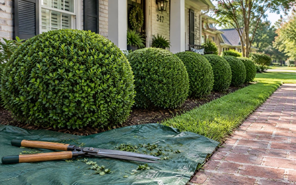 A row of five round boxwood balls shaped into even spheres along a mulched bed by a brick walk, with wood-handled hedge shears resting on a green tarp in front.