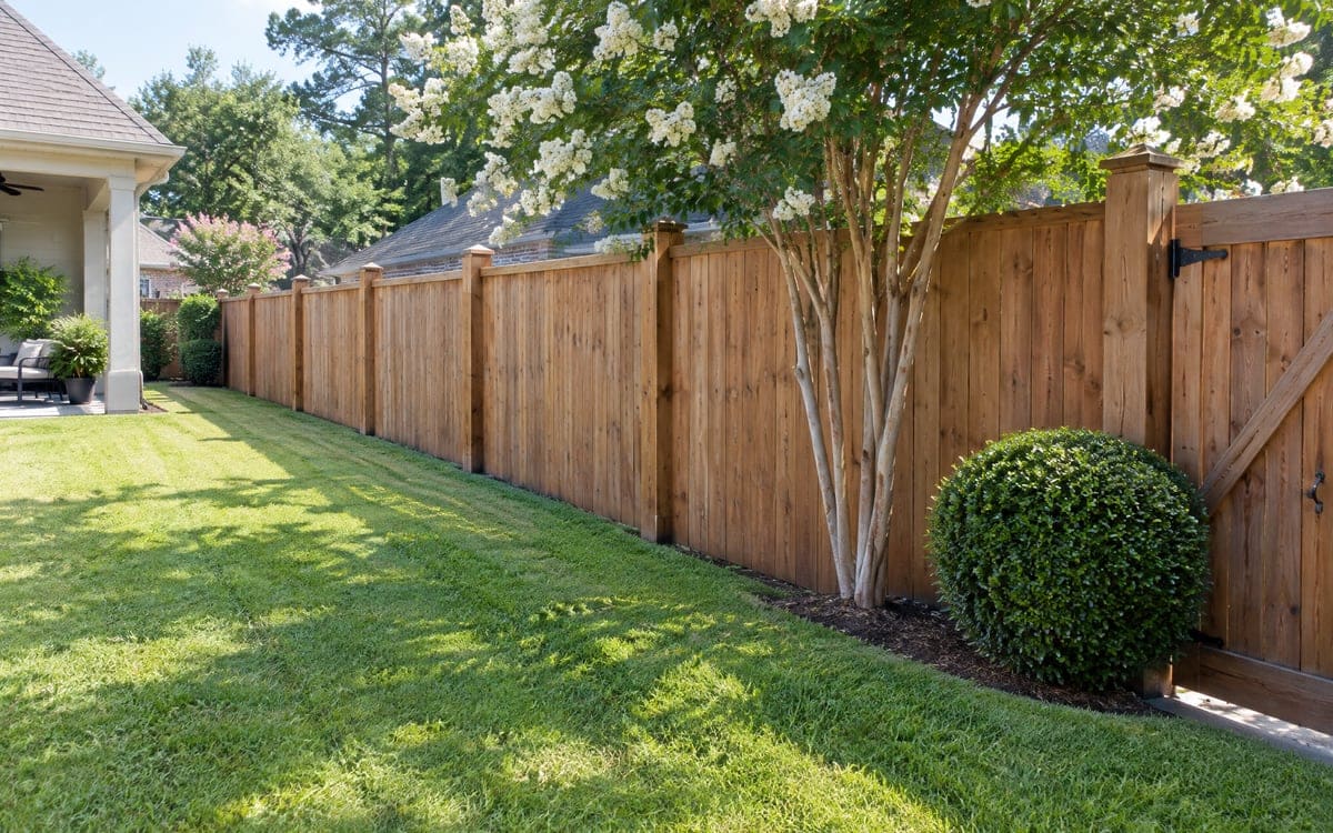 A tall wood privacy fence runs the length of a back lawn, with the grass trimmed flush along its base and a white crape myrtle in bloom at the far end by the gate.