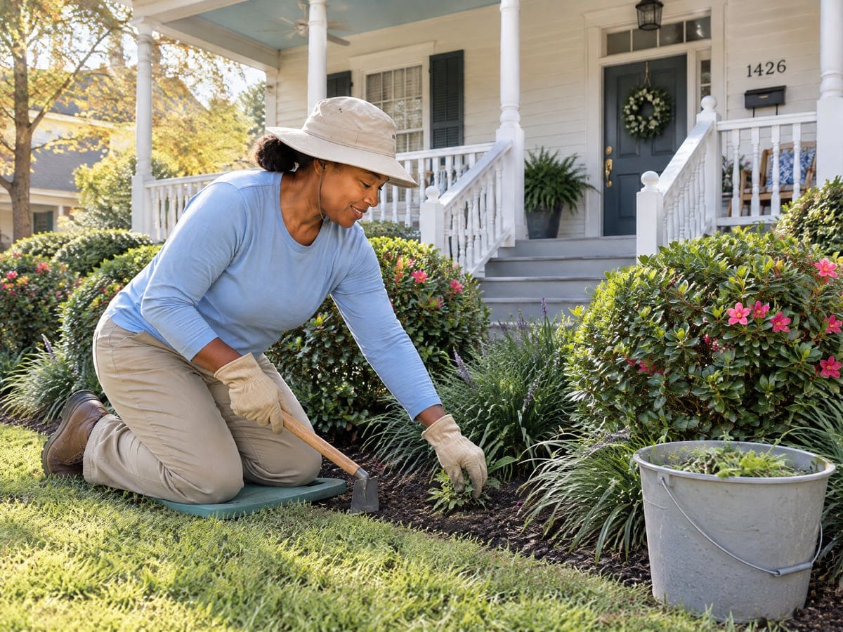 A long foundation bed below the second-story windows of a brick house, with azaleas in pink bloom and round boxwood balls behind a thin band of liriope, clean after a weeding pass.