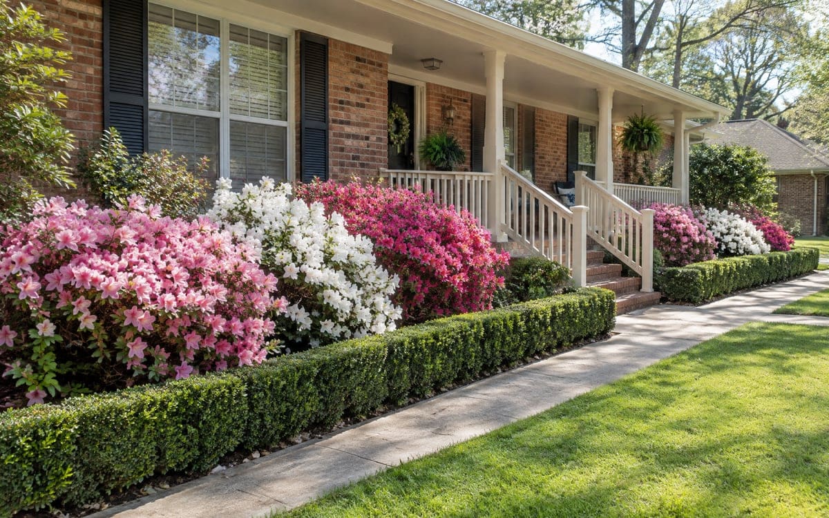 A brick ranch's front walk between banks of pink and white azaleas, with a low boxwood hedge trimmed sharp along the walk after a well-timed hedge trim.