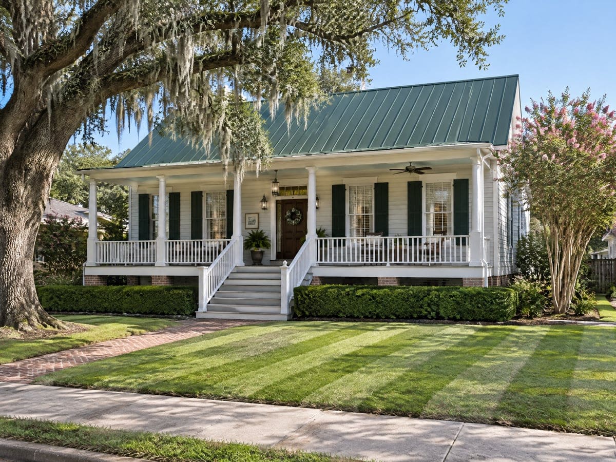 A white raised cottage with a green metal roof behind a front lawn mowed in neat stripes by a yard service, a brick walk running back from the street under a live oak.